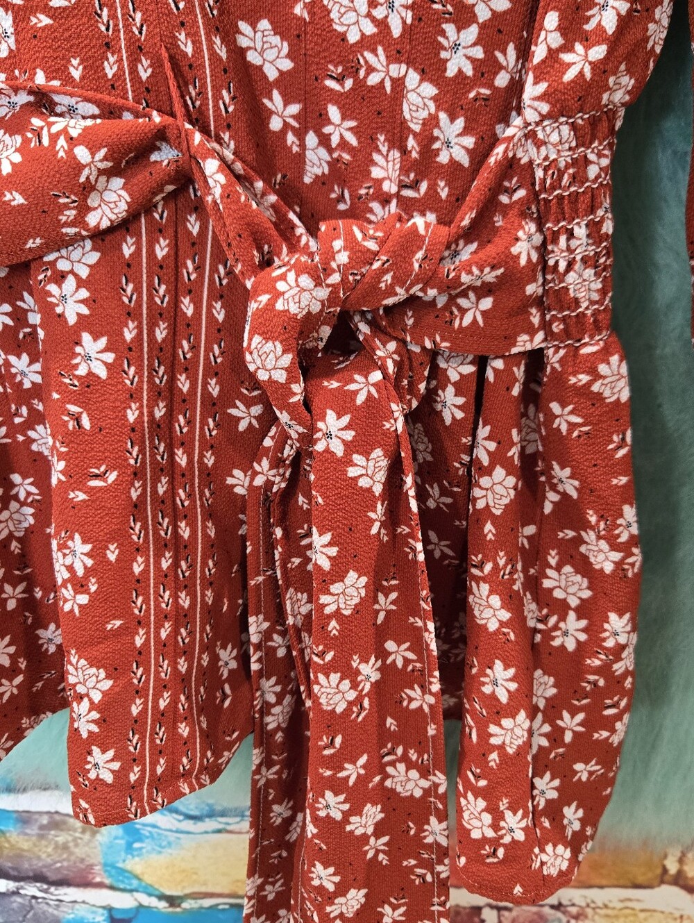Max Studio Burnt Orange Redish Brown And White Floral Belted Waist Top Size Xl - Picture 4 of 7